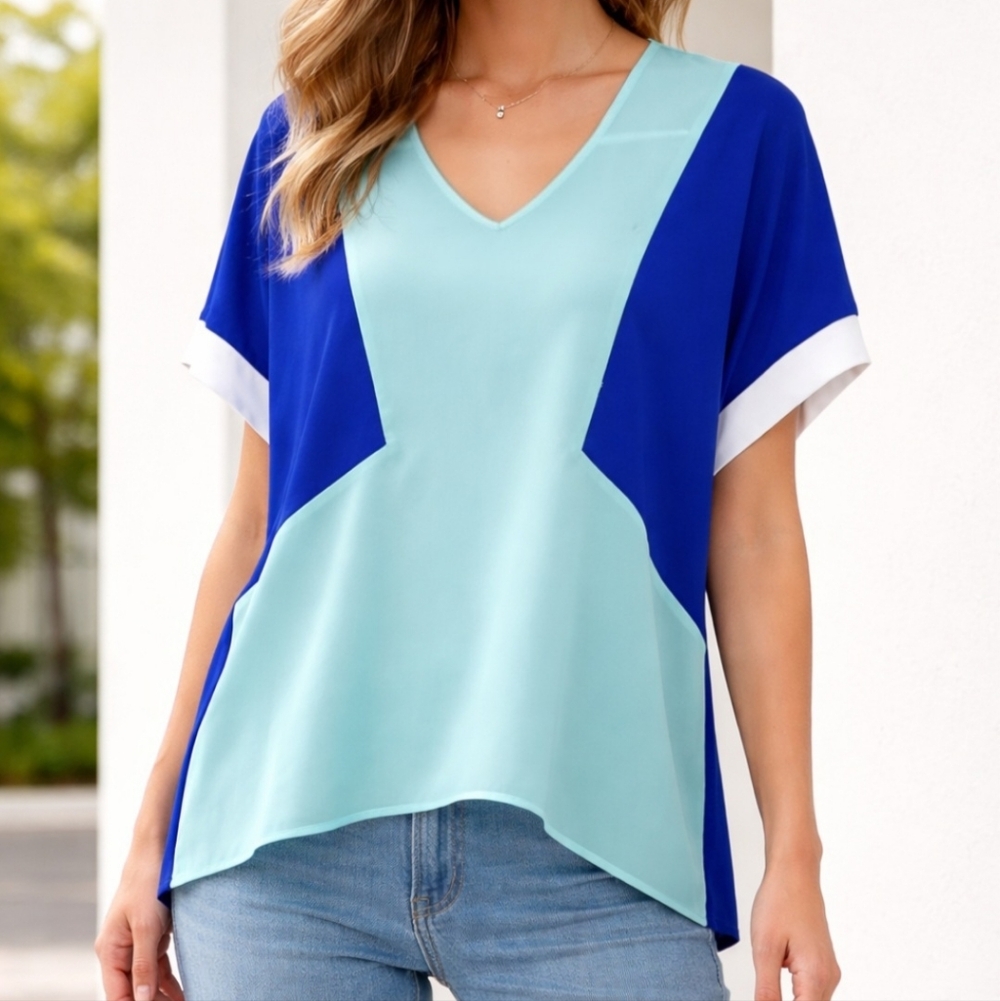 Project Runway Bold Teal & Blue Colorblock Oversized Top
